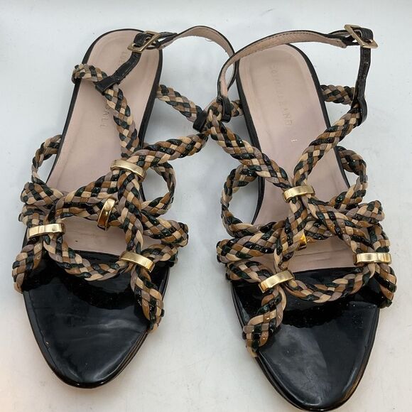 Loeffler Randal Ladies Sandals 8 Black Gold Beige Patent Leather Flats Shoes - Picture 9 of 15